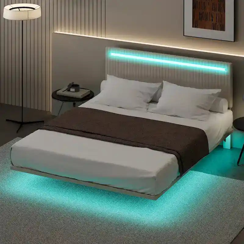 Lit flottant avec cadre rembourré en velours, plateforme, tête de lit réglable avec ailes, lumières sur la tête de lit, lumières de détection sous le lit