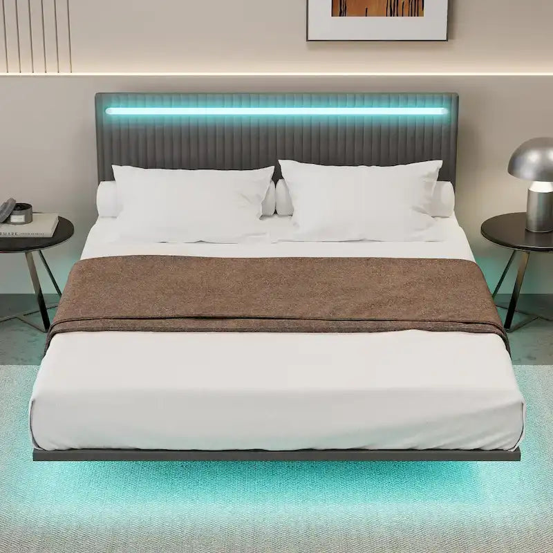 Lit flottant avec cadre rembourré en velours, plateforme, tête de lit réglable avec ailes, lumières sur la tête de lit, lumières de détection sous le lit
