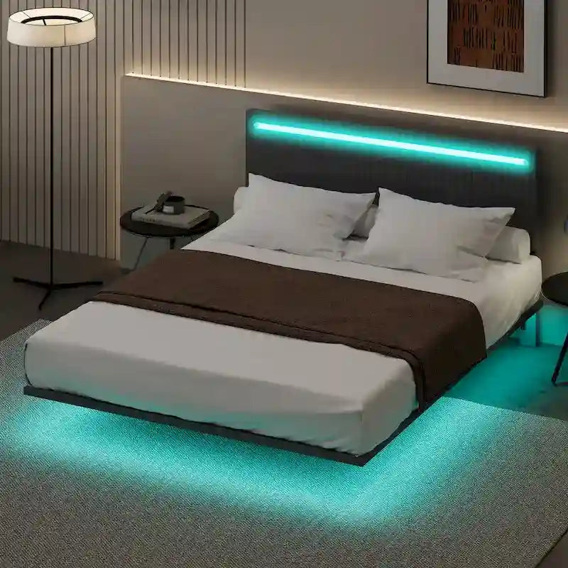Lit flottant avec cadre rembourré en velours, plateforme, tête de lit réglable avec ailes, lumières sur la tête de lit, lumières de détection sous le lit