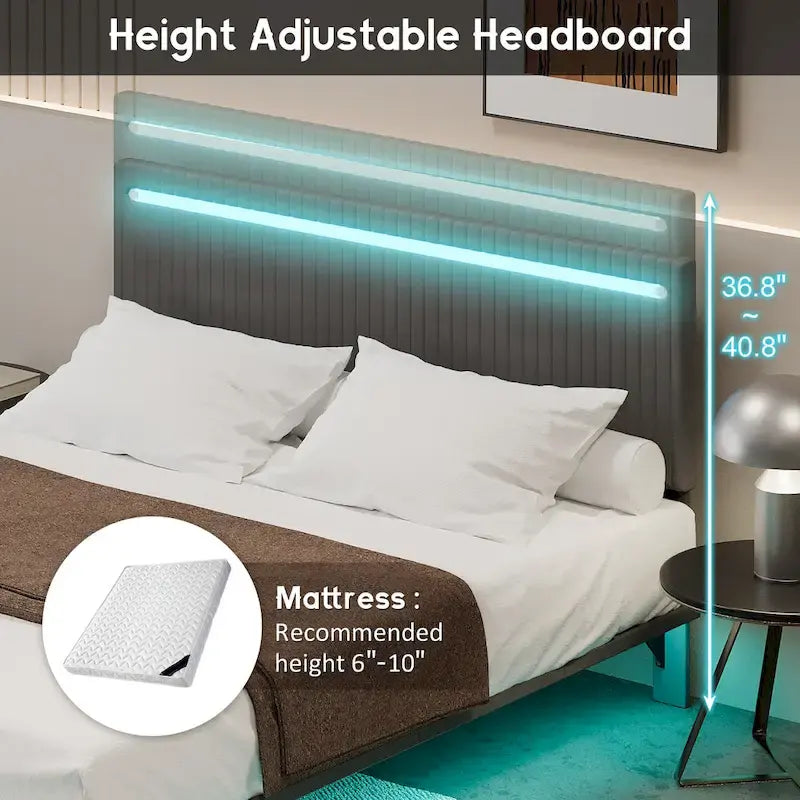 Lit flottant avec cadre rembourré en velours, plateforme, tête de lit réglable avec ailes, lumières sur la tête de lit, lumières de détection sous le lit