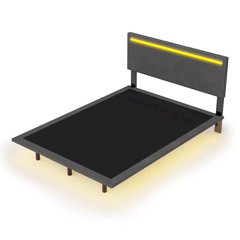 Lit flottant avec cadre rembourré en velours, plateforme, tête de lit réglable avec ailes, lumières sur la tête de lit, lumières de détection sous le lit