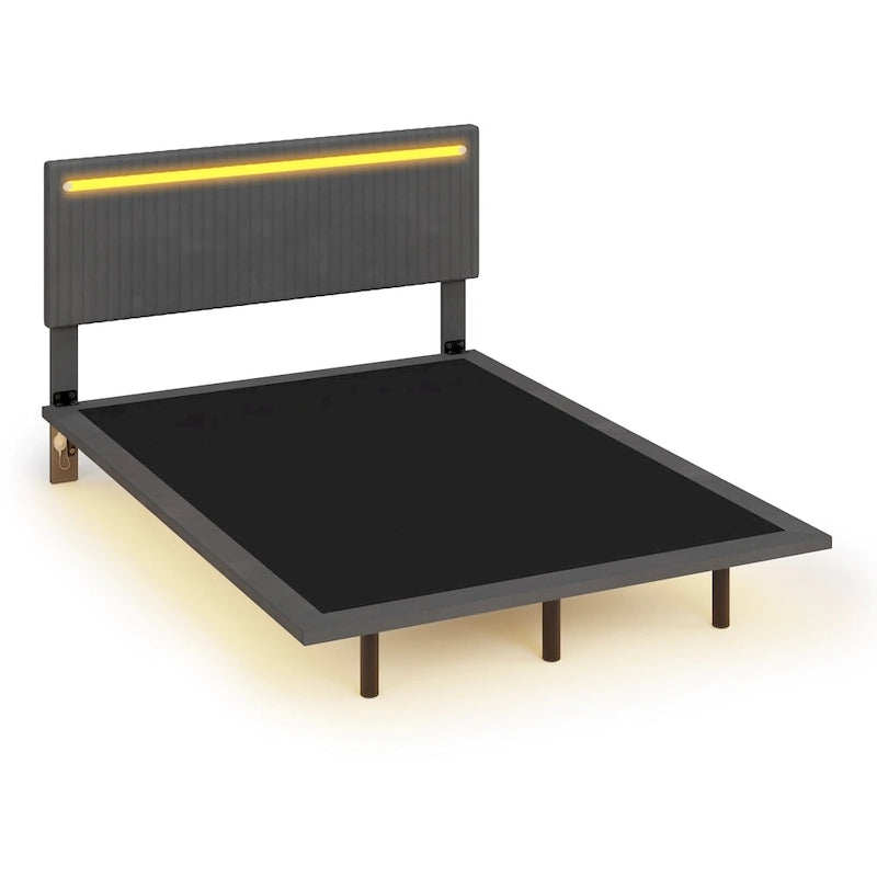 Lit flottant avec cadre rembourré en velours, plateforme, tête de lit réglable avec ailes, lumières sur la tête de lit, lumières de détection sous le lit