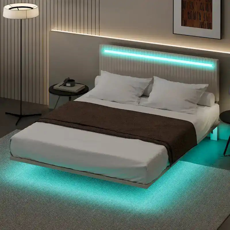 Lit flottant avec cadre rembourré en velours, plateforme, tête de lit réglable avec ailes, lumières sur la tête de lit, lumières de détection sous le lit