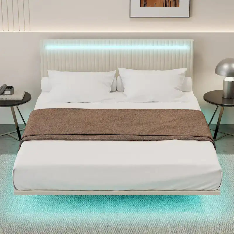 Lit flottant avec cadre rembourré en velours, plateforme, tête de lit réglable avec ailes, lumières sur la tête de lit, lumières de détection sous le lit