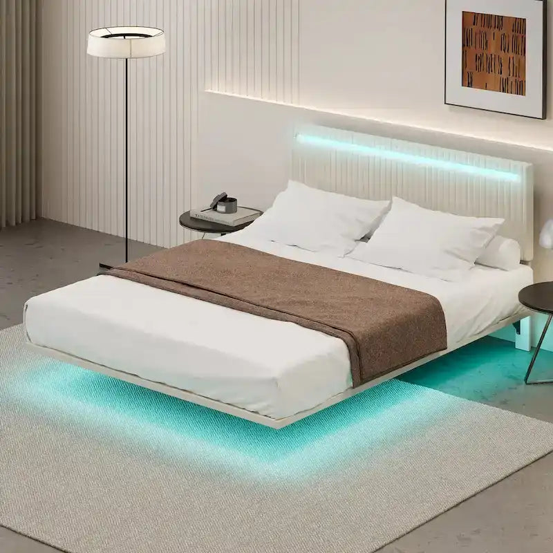 Lit flottant avec cadre rembourré en velours, plateforme, tête de lit réglable avec ailes, lumières sur la tête de lit, lumières de détection sous le lit