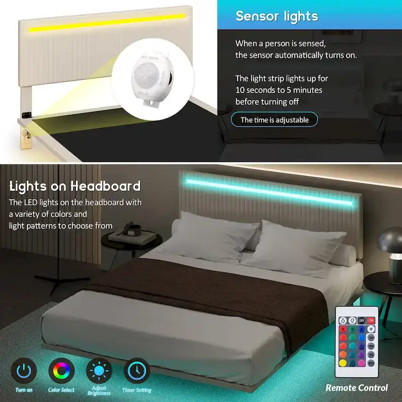Lit flottant avec cadre rembourré en velours, plateforme, tête de lit réglable avec ailes, lumières sur la tête de lit, lumières de détection sous le lit