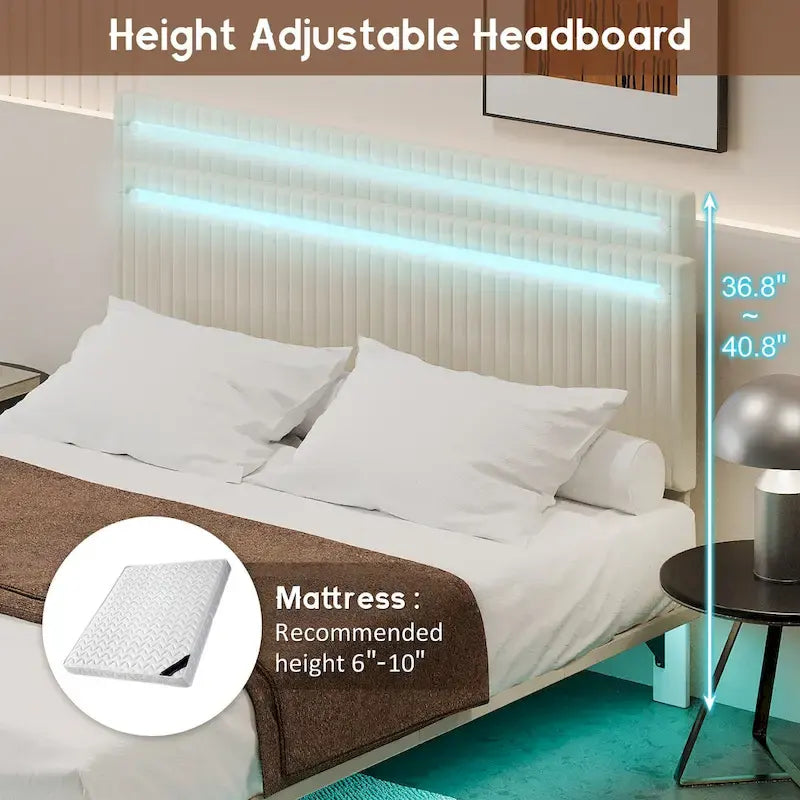 Lit flottant avec cadre rembourré en velours, plateforme, tête de lit réglable avec ailes, lumières sur la tête de lit, lumières de détection sous le lit