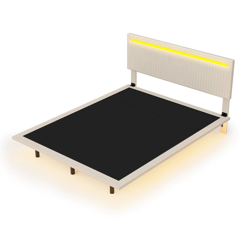 Lit flottant avec cadre rembourré en velours, plateforme, tête de lit réglable avec ailes, lumières sur la tête de lit, lumières de détection sous le lit