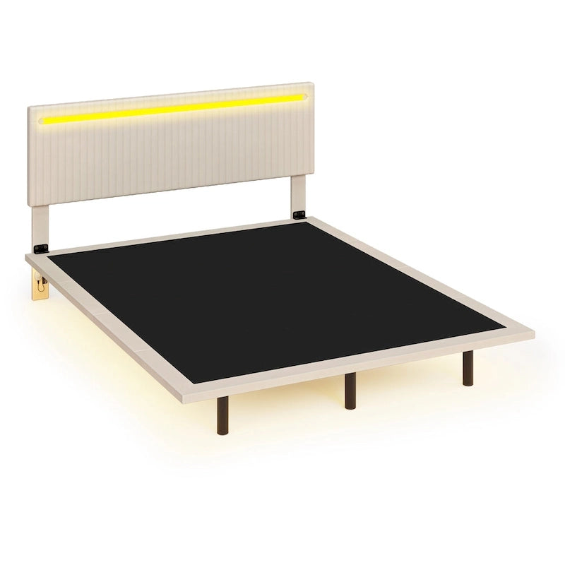 Lit flottant avec cadre rembourré en velours, plateforme, tête de lit réglable avec ailes, lumières sur la tête de lit, lumières de détection sous le lit