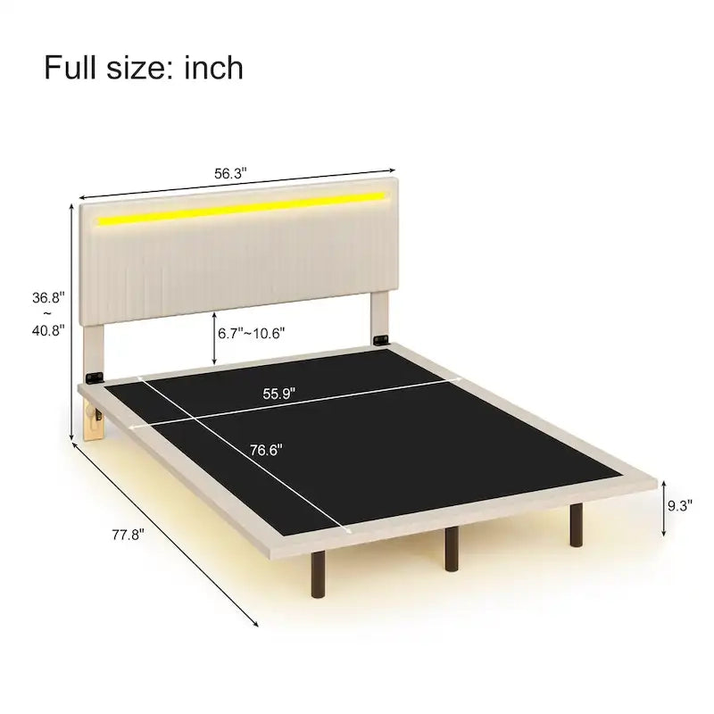 Lit flottant avec cadre rembourré en velours, plateforme, tête de lit réglable avec ailes, lumières sur la tête de lit, lumières de détection sous le lit