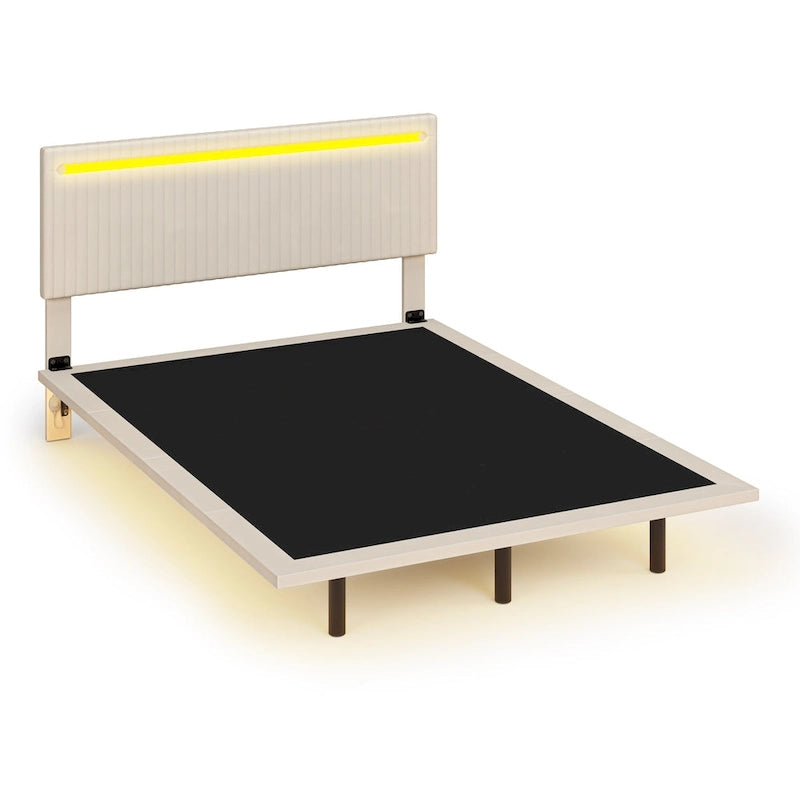 Lit flottant avec cadre rembourré en velours, plateforme, tête de lit réglable avec ailes, lumières sur la tête de lit, lumières de détection sous le lit
