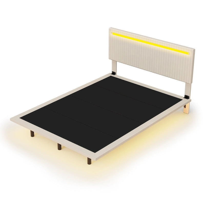 Lit flottant avec cadre rembourré en velours, plateforme, tête de lit réglable avec ailes, lumières sur la tête de lit, lumières de détection sous le lit