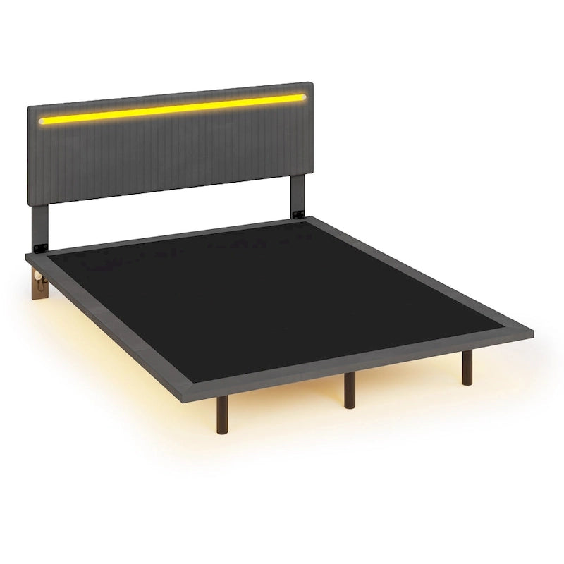 Lit flottant avec cadre rembourré en velours, plateforme, tête de lit réglable avec ailes, lumières sur la tête de lit, lumières de détection sous le lit