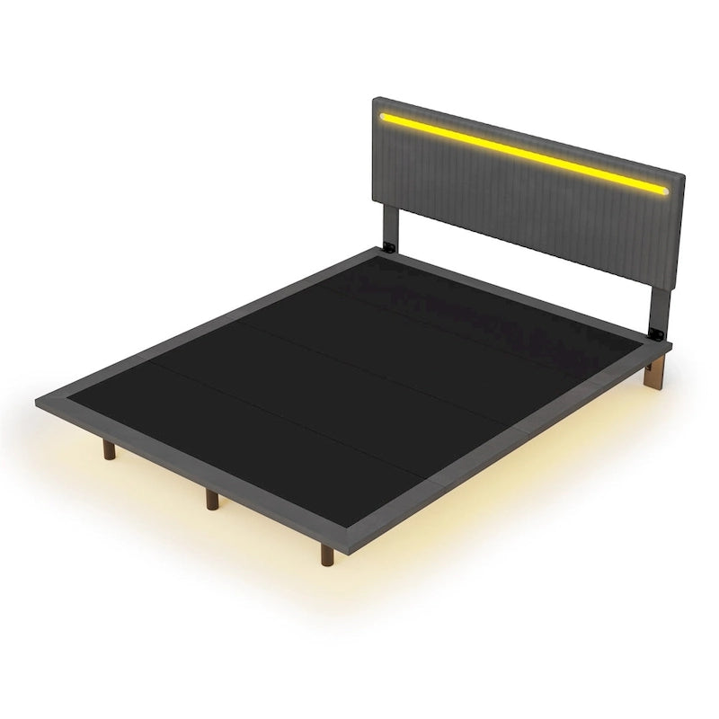 Lit flottant avec cadre rembourré en velours, plateforme, tête de lit réglable avec ailes, lumières sur la tête de lit, lumières de détection sous le lit