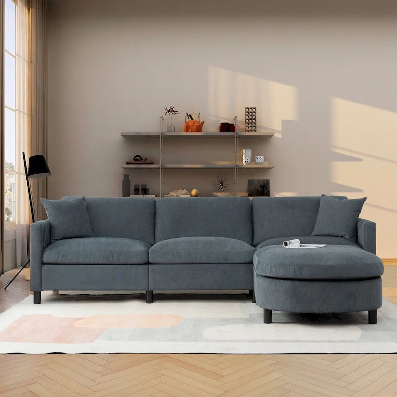 Canapé d'angle 4 places gris 107.87 avec coussins amovibles, pouf mobile et sac de rangement pour accoudoir