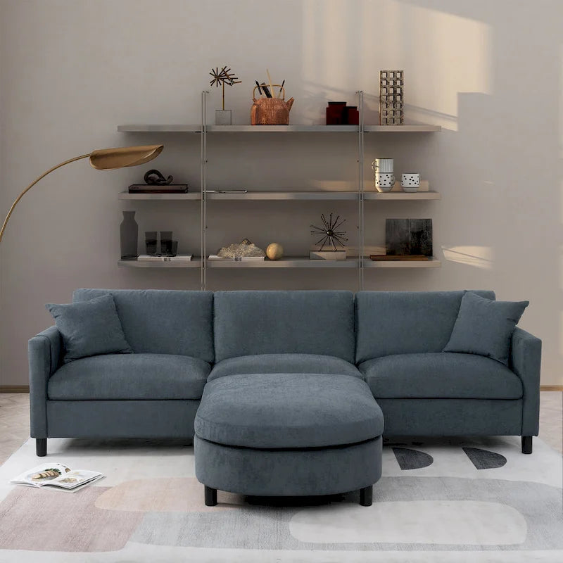 Canapé d'angle 4 places gris 107.87 avec coussins amovibles, pouf mobile et sac de rangement pour accoudoir