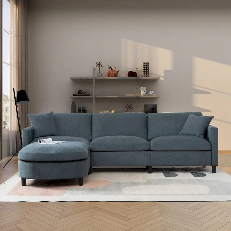 Canapé d'angle 4 places gris 107.87 avec coussins amovibles, pouf mobile et sac de rangement pour accoudoir