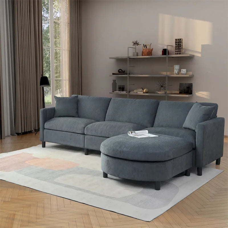 Canapé d'angle 4 places gris 107.87 avec coussins amovibles, pouf mobile et sac de rangement pour accoudoir