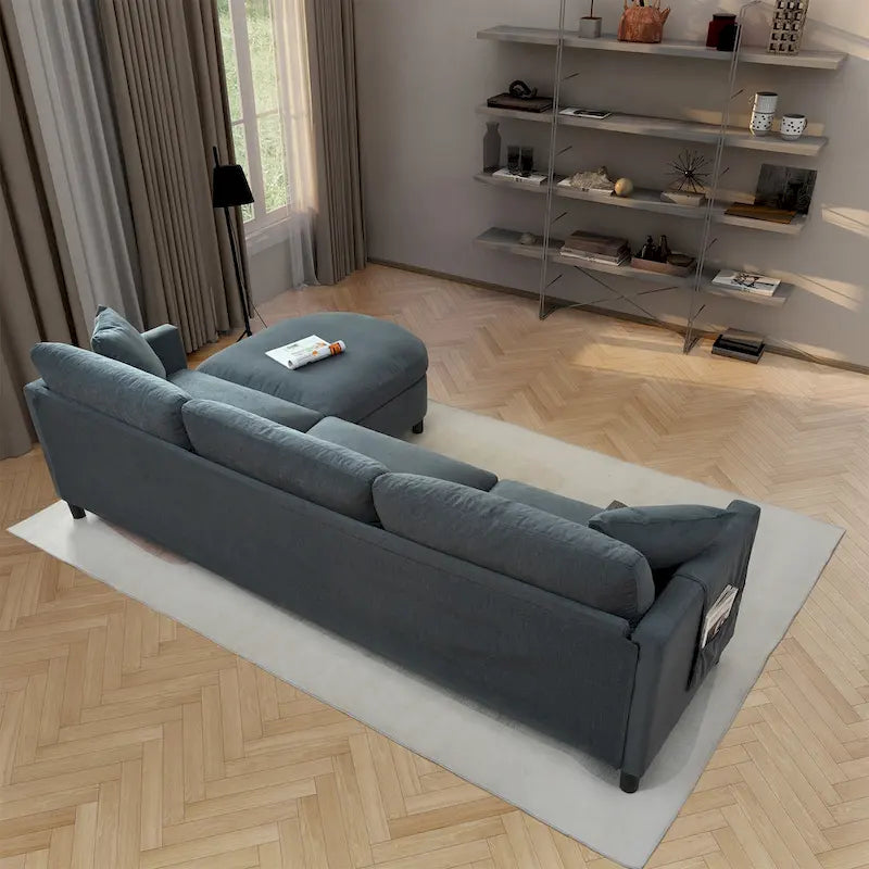 Canapé d'angle 4 places gris 107.87 avec coussins amovibles, pouf mobile et sac de rangement pour accoudoir