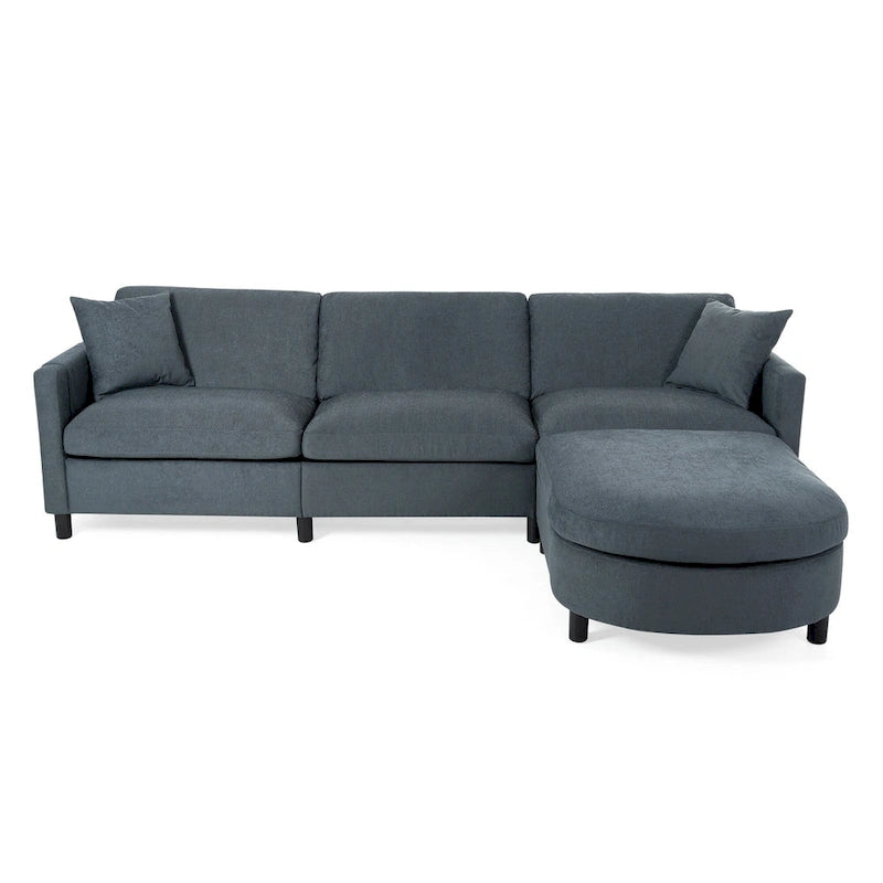 Canapé d'angle 4 places gris 107.87 avec coussins amovibles, pouf mobile et sac de rangement pour accoudoir