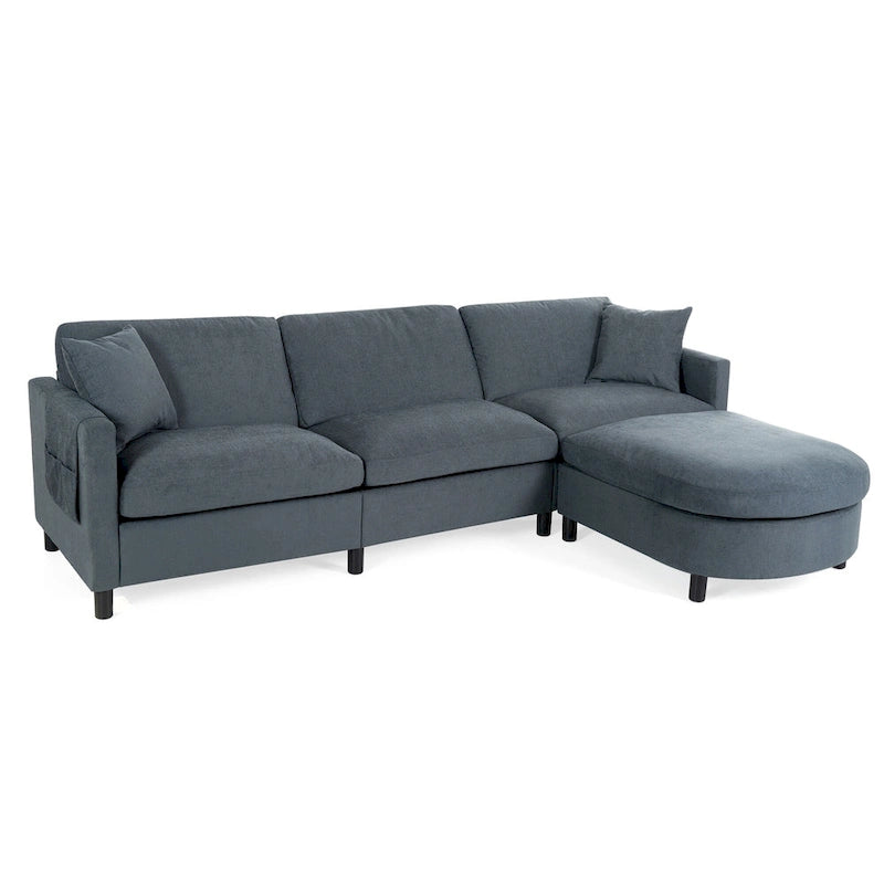 Canapé d'angle 4 places gris 107.87 avec coussins amovibles, pouf mobile et sac de rangement pour accoudoir