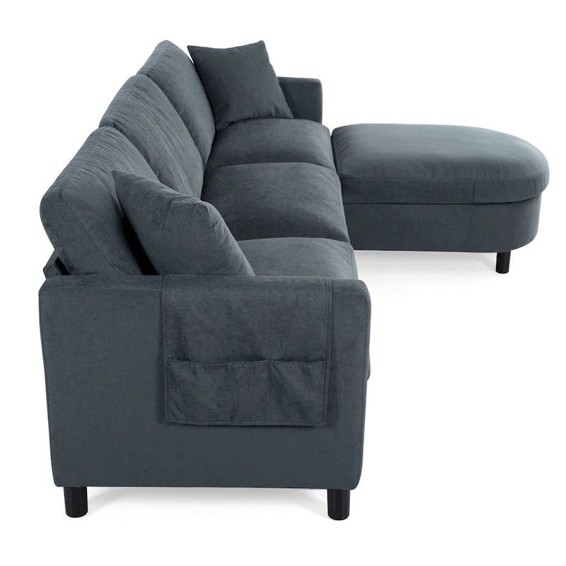 Canapé d'angle 4 places gris 107.87 avec coussins amovibles, pouf mobile et sac de rangement pour accoudoir