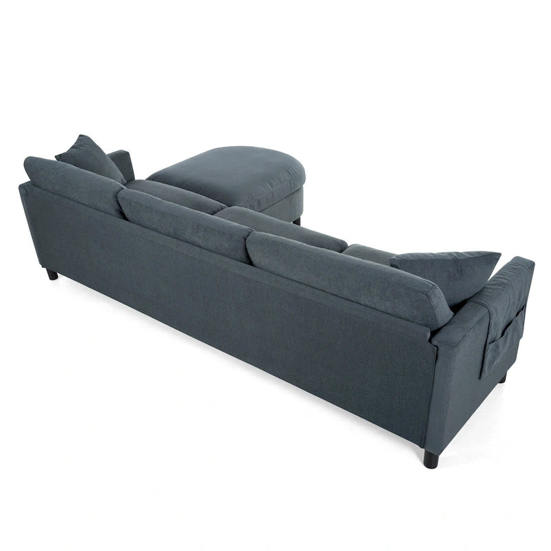Canapé d'angle 4 places gris 107.87 avec coussins amovibles, pouf mobile et sac de rangement pour accoudoir