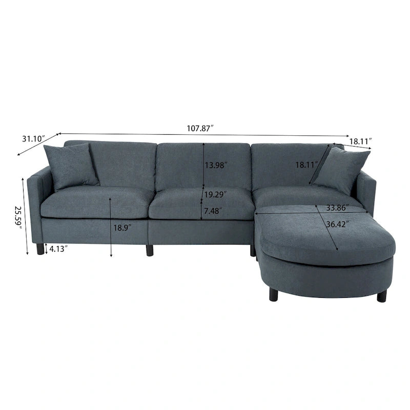Canapé d'angle 4 places gris 107.87 avec coussins amovibles, pouf mobile et sac de rangement pour accoudoir