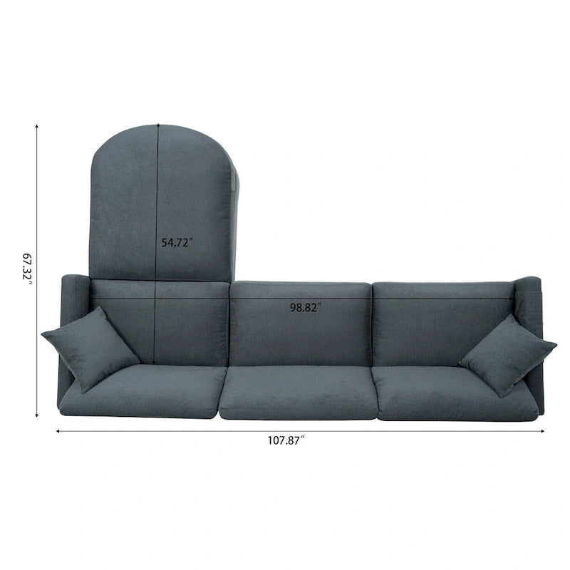 Canapé d'angle 4 places gris 107.87 avec coussins amovibles, pouf mobile et sac de rangement pour accoudoir