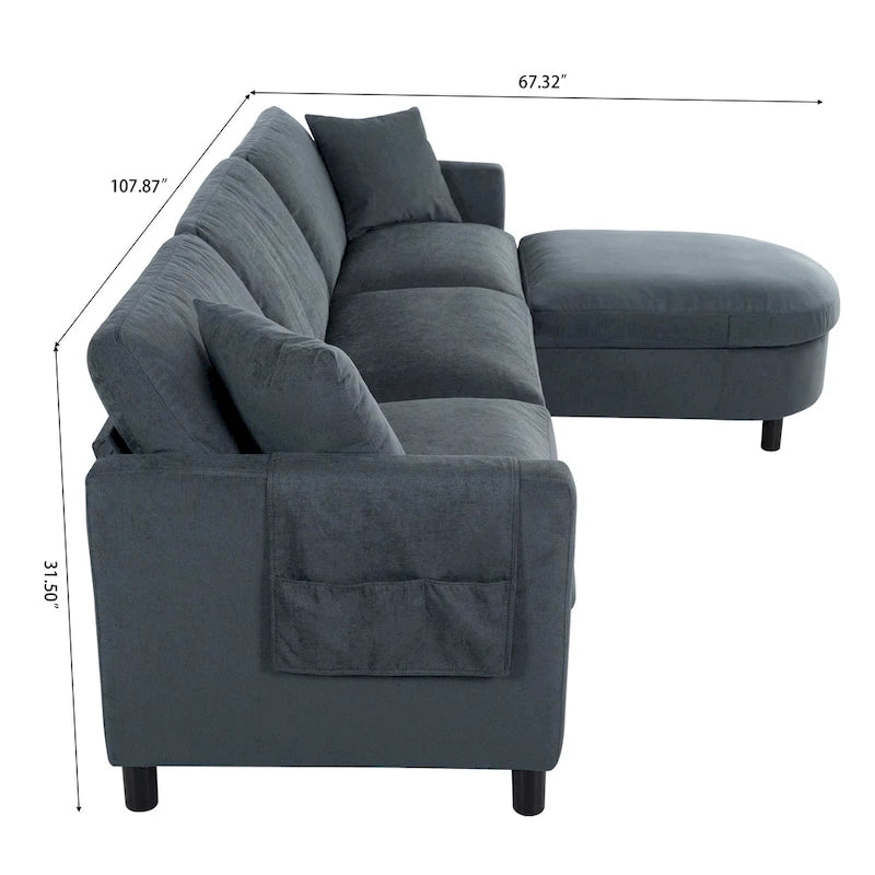 Canapé d'angle 4 places gris 107.87 avec coussins amovibles, pouf mobile et sac de rangement pour accoudoir