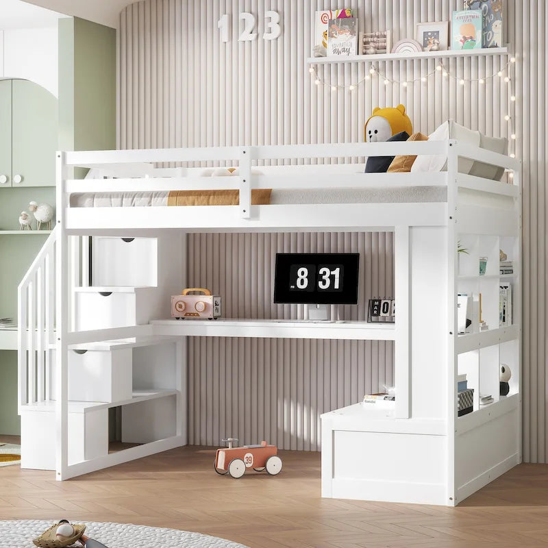 Lit mezzanine en bois massif blanc avec bureau et tiroirs