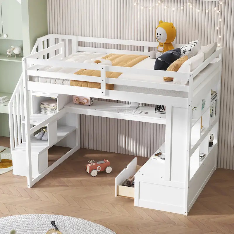Lit mezzanine en bois massif blanc avec bureau et tiroirs