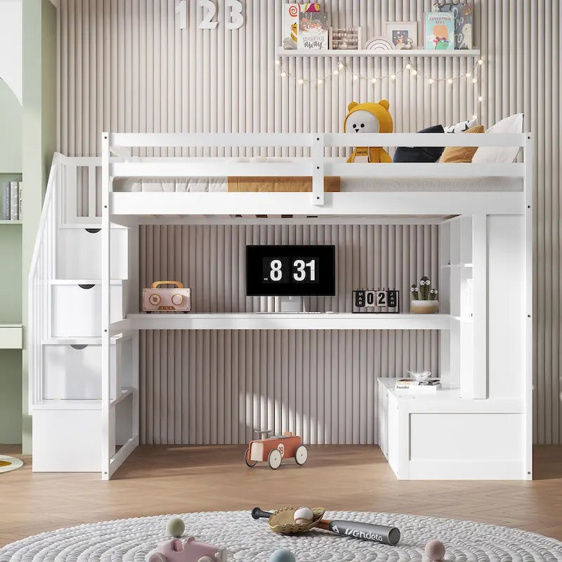 Lit mezzanine en bois massif blanc avec bureau et tiroirs