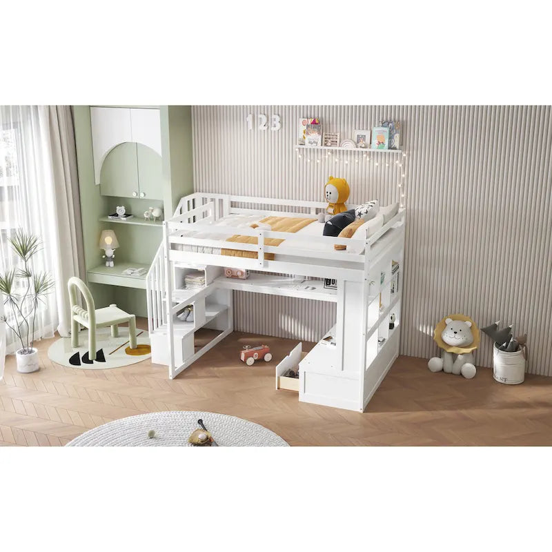 Lit mezzanine en bois massif blanc avec bureau et tiroirs