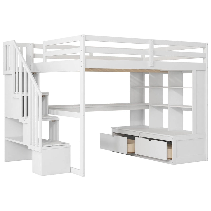 Lit mezzanine en bois massif blanc avec bureau et tiroirs