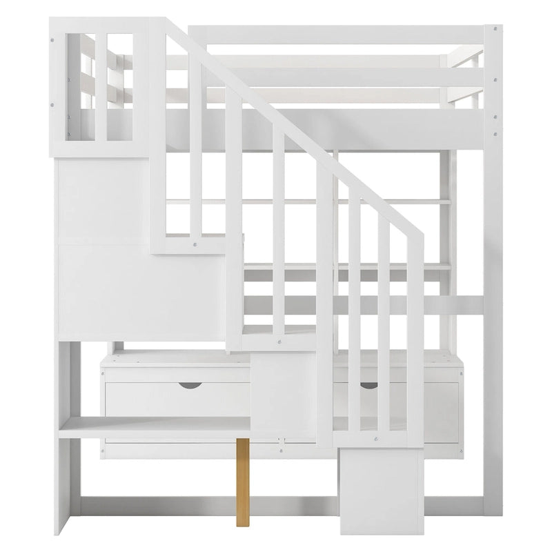 Lit mezzanine en bois massif blanc avec bureau et tiroirs