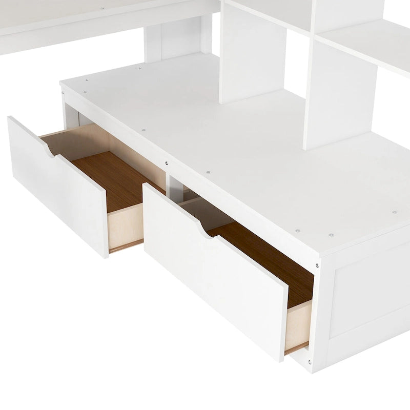 Lit mezzanine en bois massif blanc avec bureau et tiroirs