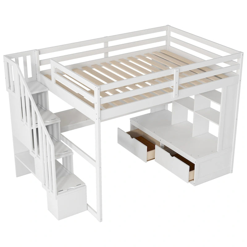 Lit mezzanine en bois massif blanc avec bureau et tiroirs