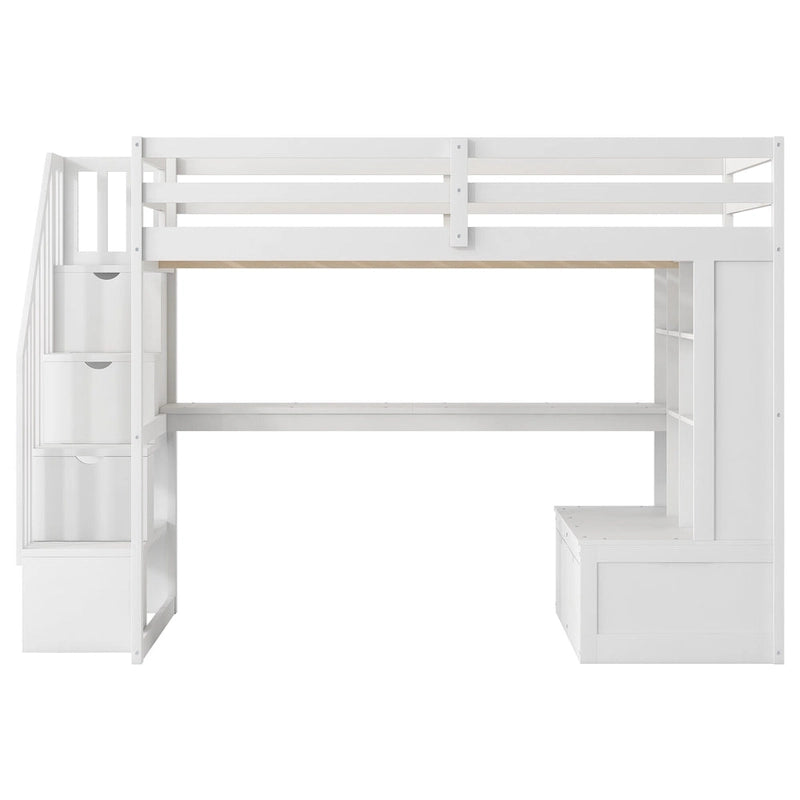 Lit mezzanine en bois massif blanc avec bureau et tiroirs