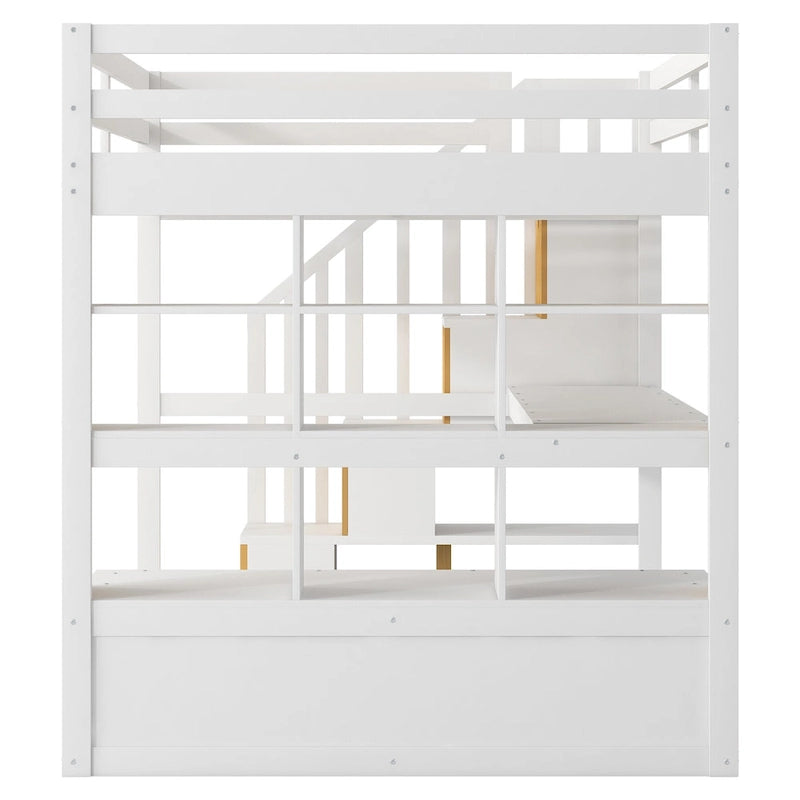Lit mezzanine en bois massif blanc avec bureau et tiroirs