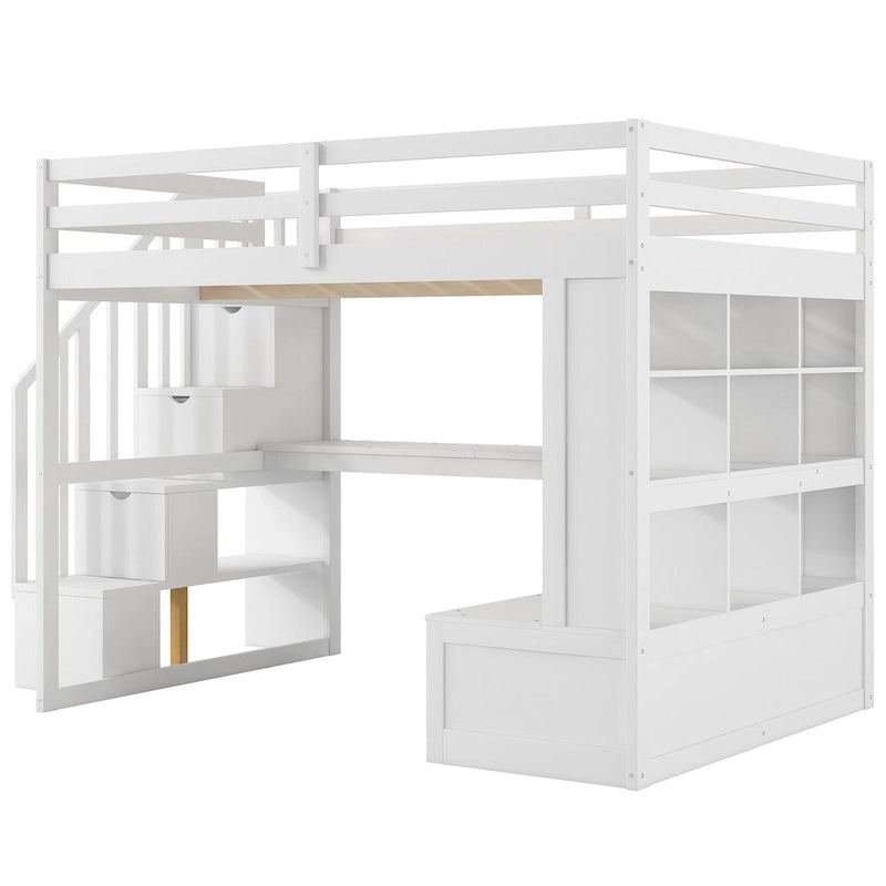 Lit mezzanine en bois massif blanc avec bureau et tiroirs