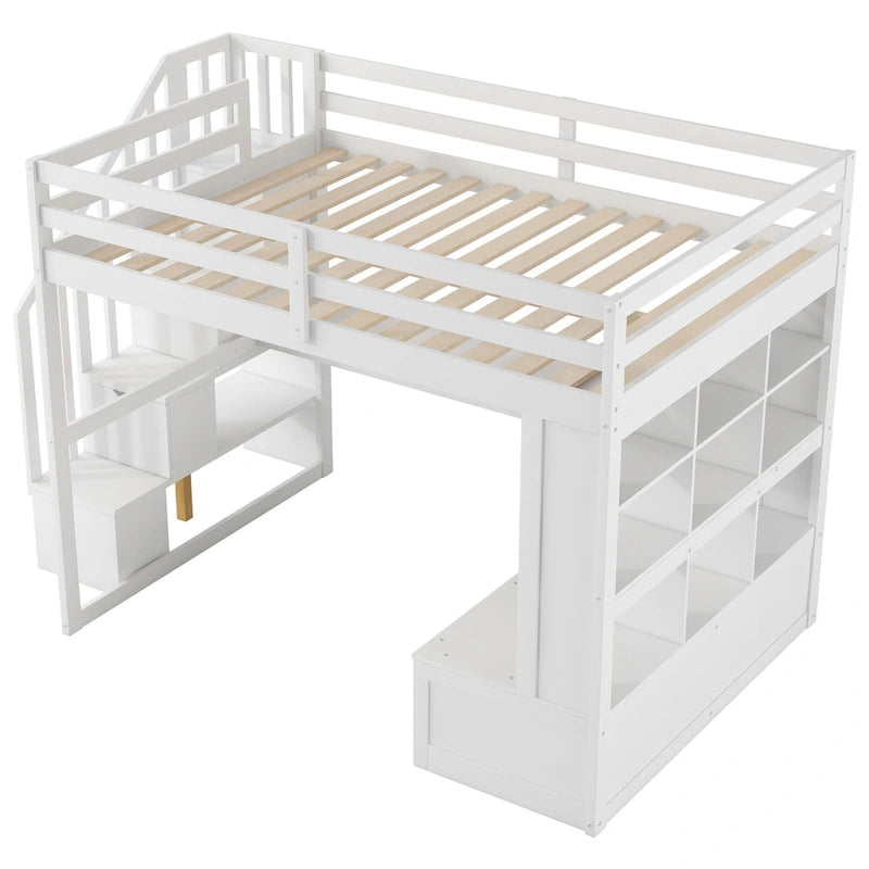 Lit mezzanine en bois massif blanc avec bureau et tiroirs