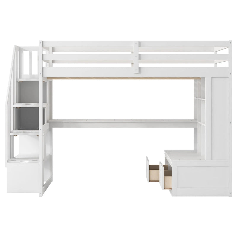 Lit mezzanine en bois massif blanc avec bureau et tiroirs