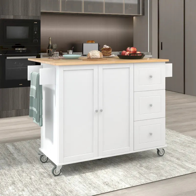 Îlot de cuisine mobile roulant avec plateau en bois massif et roulettes blocables
