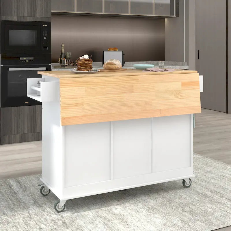 Îlot de cuisine mobile roulant avec plateau en bois massif et roulettes blocables