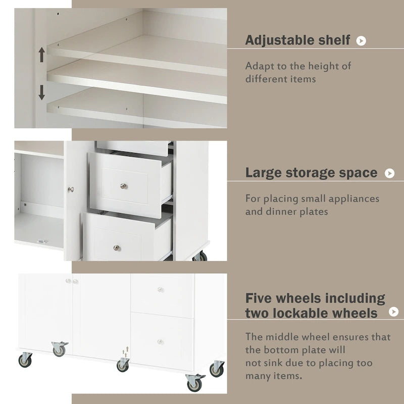 Îlot de cuisine mobile roulant avec plateau en bois massif et roulettes blocables