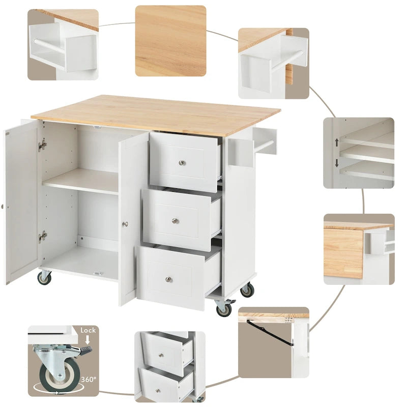 Îlot de cuisine mobile roulant avec plateau en bois massif et roulettes blocables