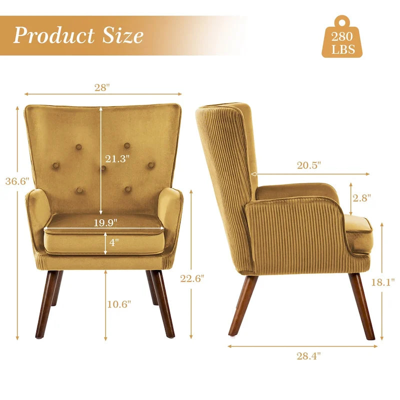 Fauteuil d'appoint contemporain en velours capitonné avec oreilles, lot de 2 - 36,6 H x 28 L x 28,4 P