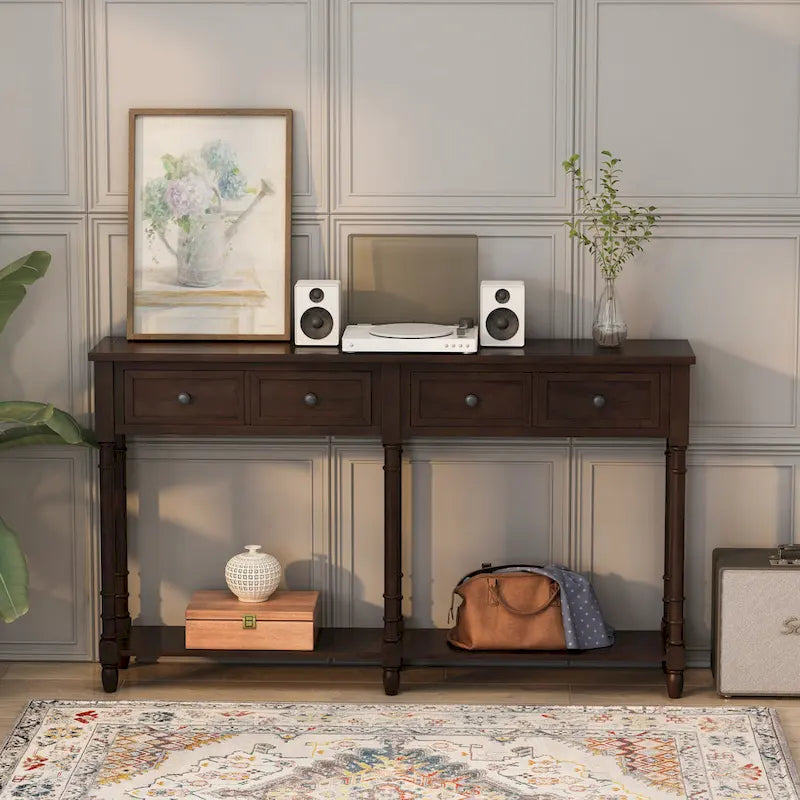 Console d'entrée avec deux tiroirs de rangement et une étagère inférieure