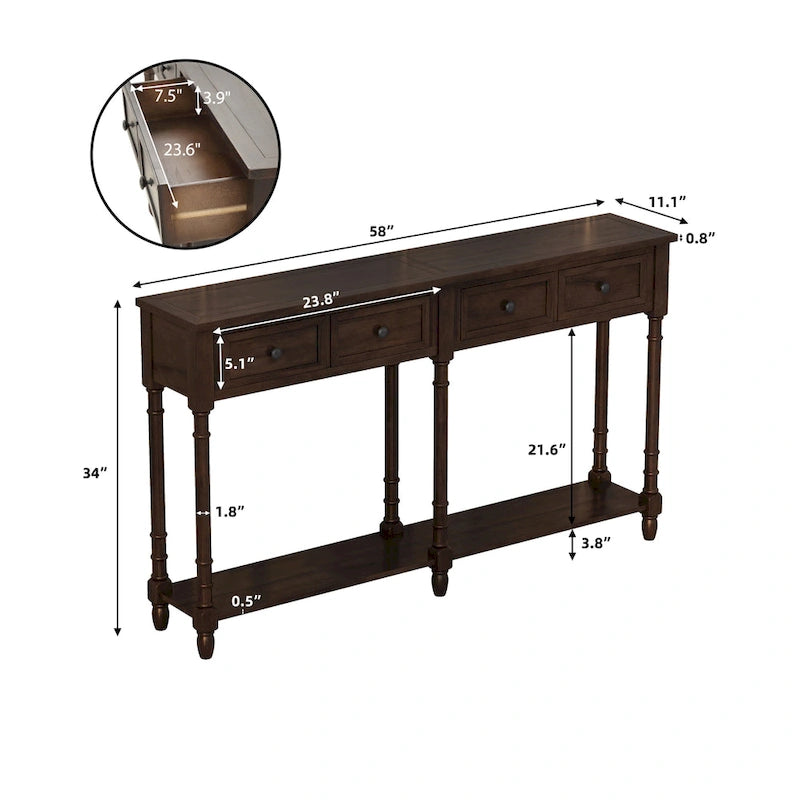 Console d'entrée avec deux tiroirs de rangement et une étagère inférieure